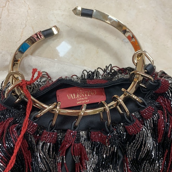 VALENTINO GARAVANI BEADED FRINGE SATIN CLUTCH WITH GOLD TONE ROUND HANDLE - Picture 10 of 16